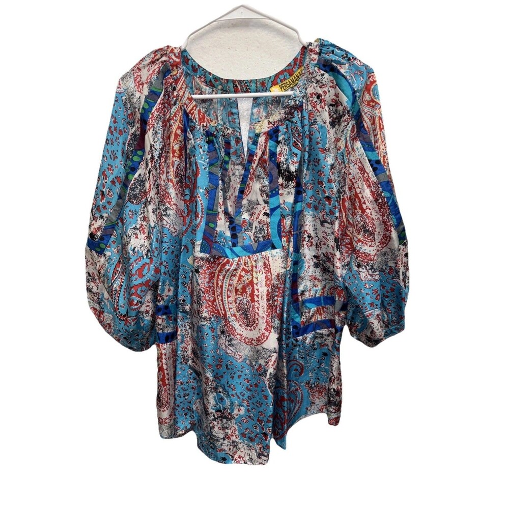 Persaman 3/4 Balloon SLEEVE KEY HOLE NECKLINE TOP Peasant Mixed Media Silk 2X